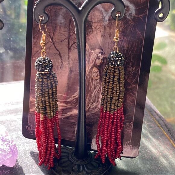 Red And Green Seed Bead Tassel Pave Crystal Earrings - Picture 2 of 7